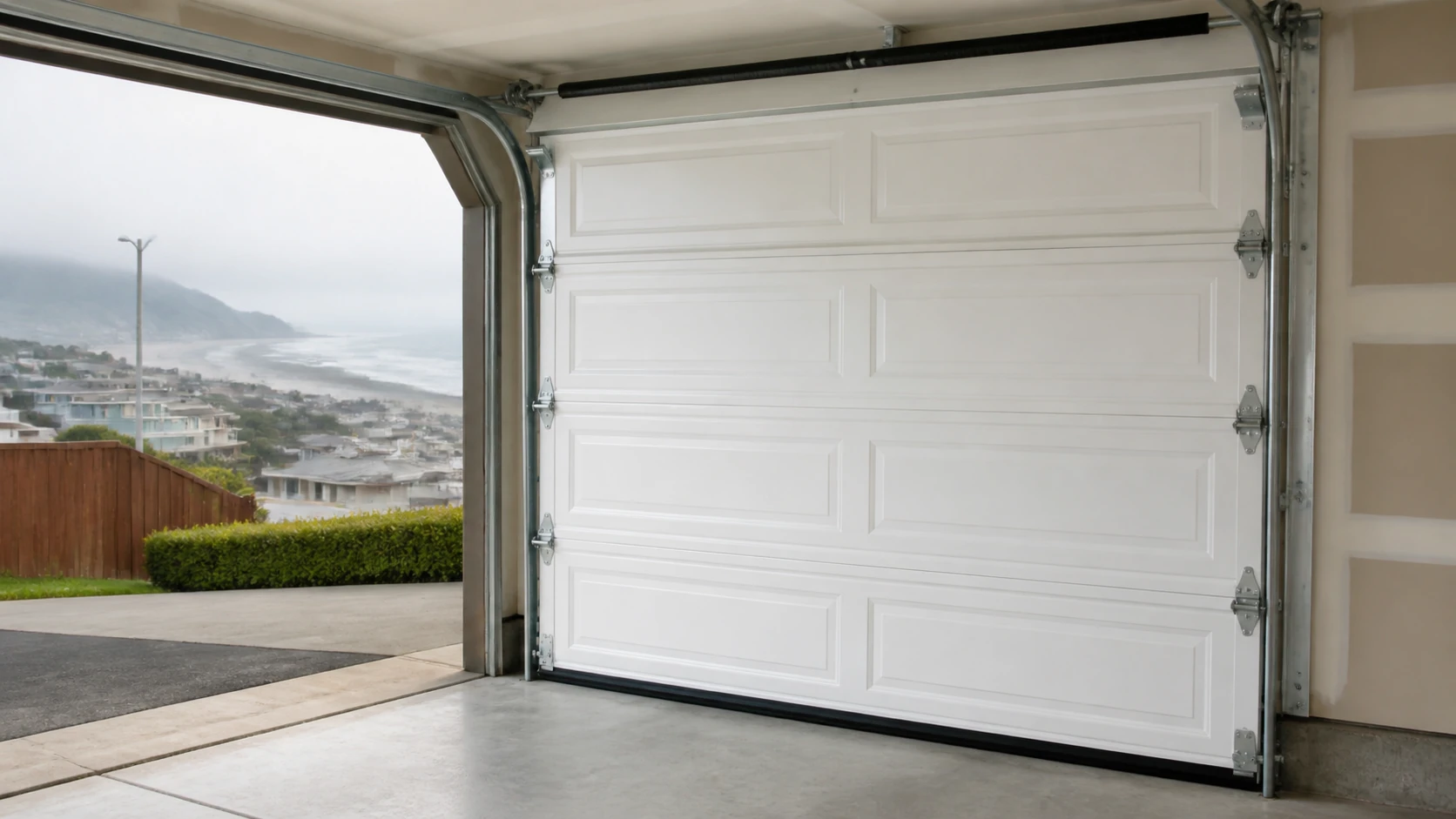 Sectional garage door installation hardware with clean tracks and weather seal at a residential opening.